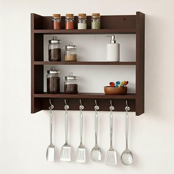 FireBees Wall Mounted Kitchen Organizer Rack Wooden with Hooks | Kitchen Shelf Storage Rack for Spices, Containers & Utensils | Wooden Kitchen Rack Wall Mounted | Kitchen Wall Storage Shelf